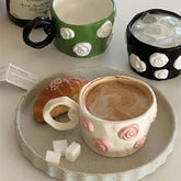 Handmade Hand Drawn Three-dimensional Relief Rose Flower Ceramic Mug Irregular Coffee Cup Gift Water Cup