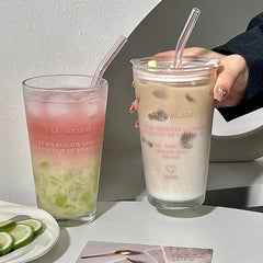 Cute Glass Cup With Straw And Lid Letter Tumbler 450ml Iced Coffee Juice Tea Glass Drinking Cups Transparent Bubble Tea Cup Gift