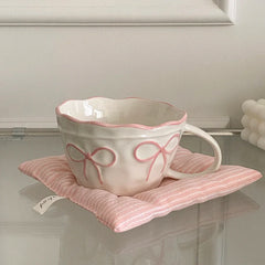 1Pc Bow Ceramic Mug, Exquisite and Simple Bow Large Capacity Couple Cup, Suitable for Home Decoration, Home Drinking Water, Candlelight Dinner, Coffee Latte Flower Cup, Holiday Gift, Exquisite Gift