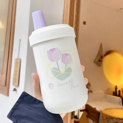 Cute Tulip Thermos Bottle Coffee Tumber Kawaii Bubble Milk Tea Water Bottle With Straw Stainless Steel Boba Vacuum Thermal Cup