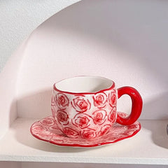 340ML Hand Pinched Irregular Ceramic Mug Red Love heart pattern Coffee Cup with Saucer Set Afternoon Tea Cup holiday gifts