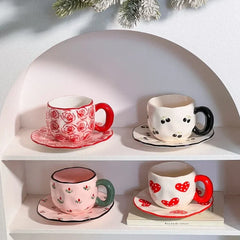 340ML Hand Pinched Irregular Ceramic Mug Red Love heart pattern Coffee Cup with Saucer Set Afternoon Tea Cup holiday gifts