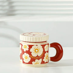 400ML Flowers Ceramic Mug with Lid Creative Checkerboard Grid Pattern Coffee Mug Home Office Breakfast Milk Cup Birthday Gift