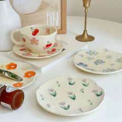 Creative Hand-painted Flower Pattern Ceramic Plate Underglaze Color Coffee Cup Dish Snacks Fruit Dessert Plates Gifts Saucers
