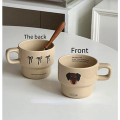 Cream Brown Bow Puppy Ceramic Mug with Hand-painted Coffee Stacking Cup As A Gift