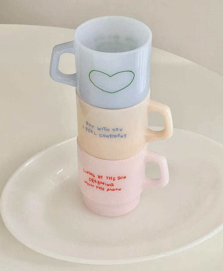 Love Korean Milk Glass Mug Cute Vintage Coffee Cup Vintage Hot Drink Gift Milk Cup